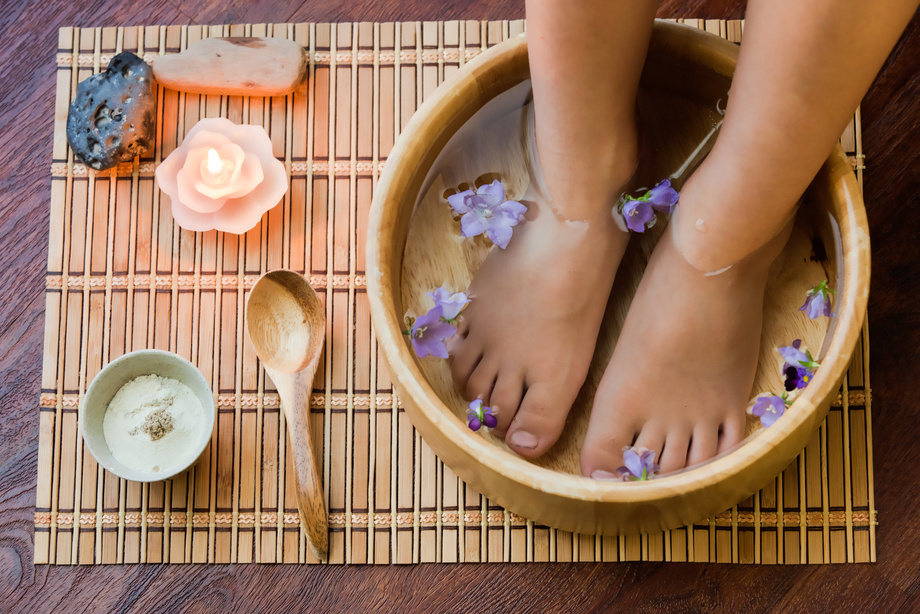Soaking Feet in Wooden Bowl